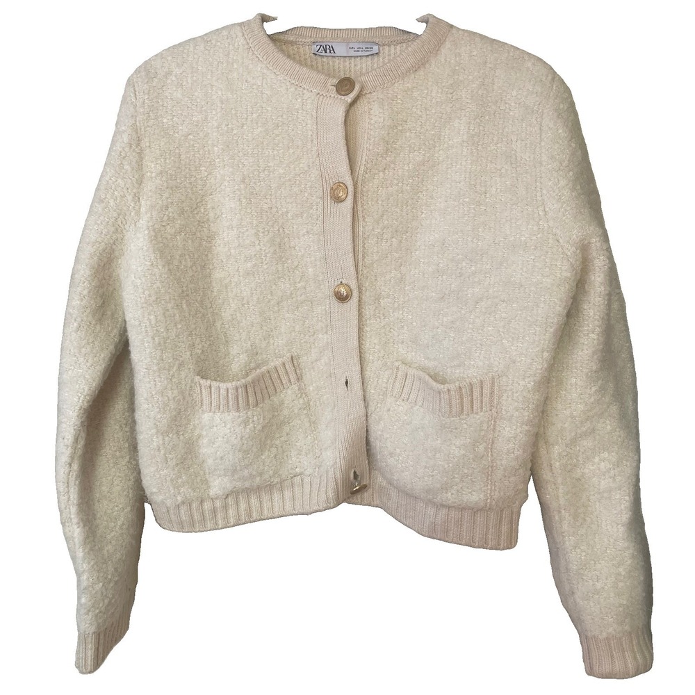 Zara Boucle Knit Cardigan Ecru White Cream Size Large 1822/002 Ivory Ribbed